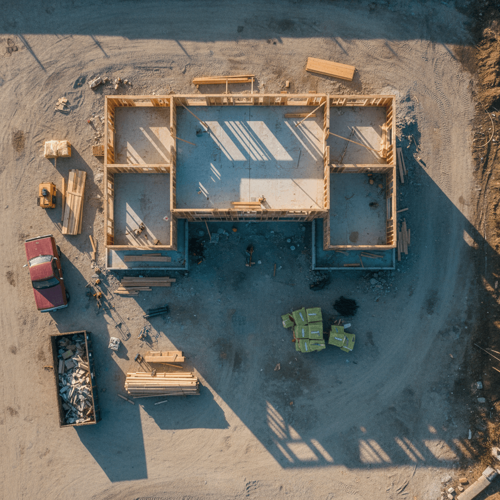 Aerial progress shot of a construction site with framing and materials