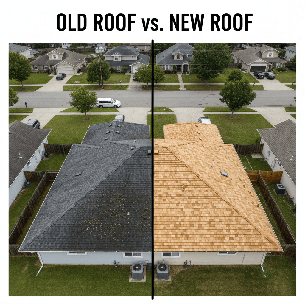 Aerial split view of a house with old and new roof