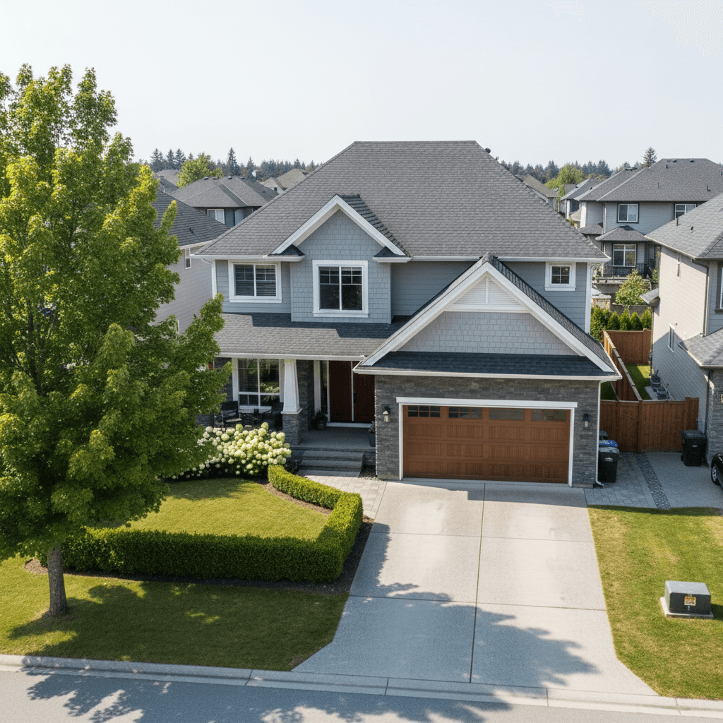 Aerial view of a house and yard in a suburban neighborhood