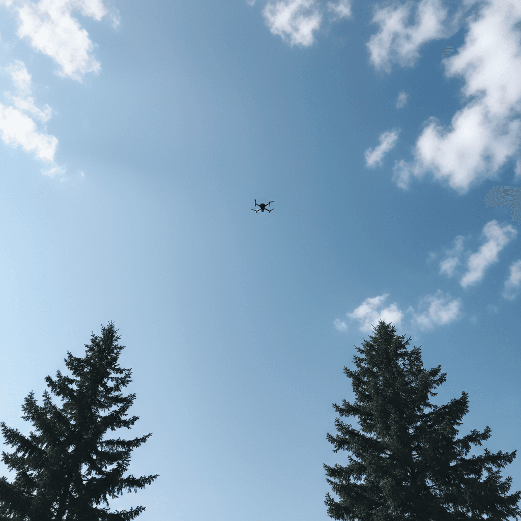 Drone silhouette against blue sky with light clouds