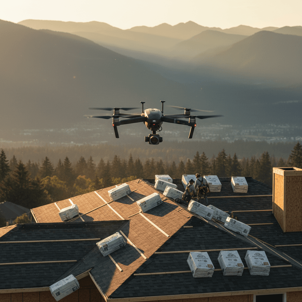 Drone hovering over a residential roof construction site at golden hour in Maple Ridge