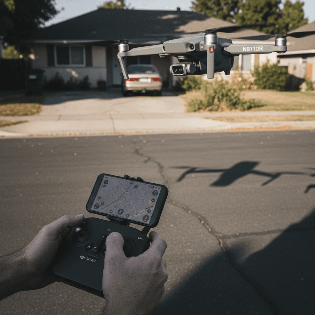 Hands holding drone controller with drone in flight